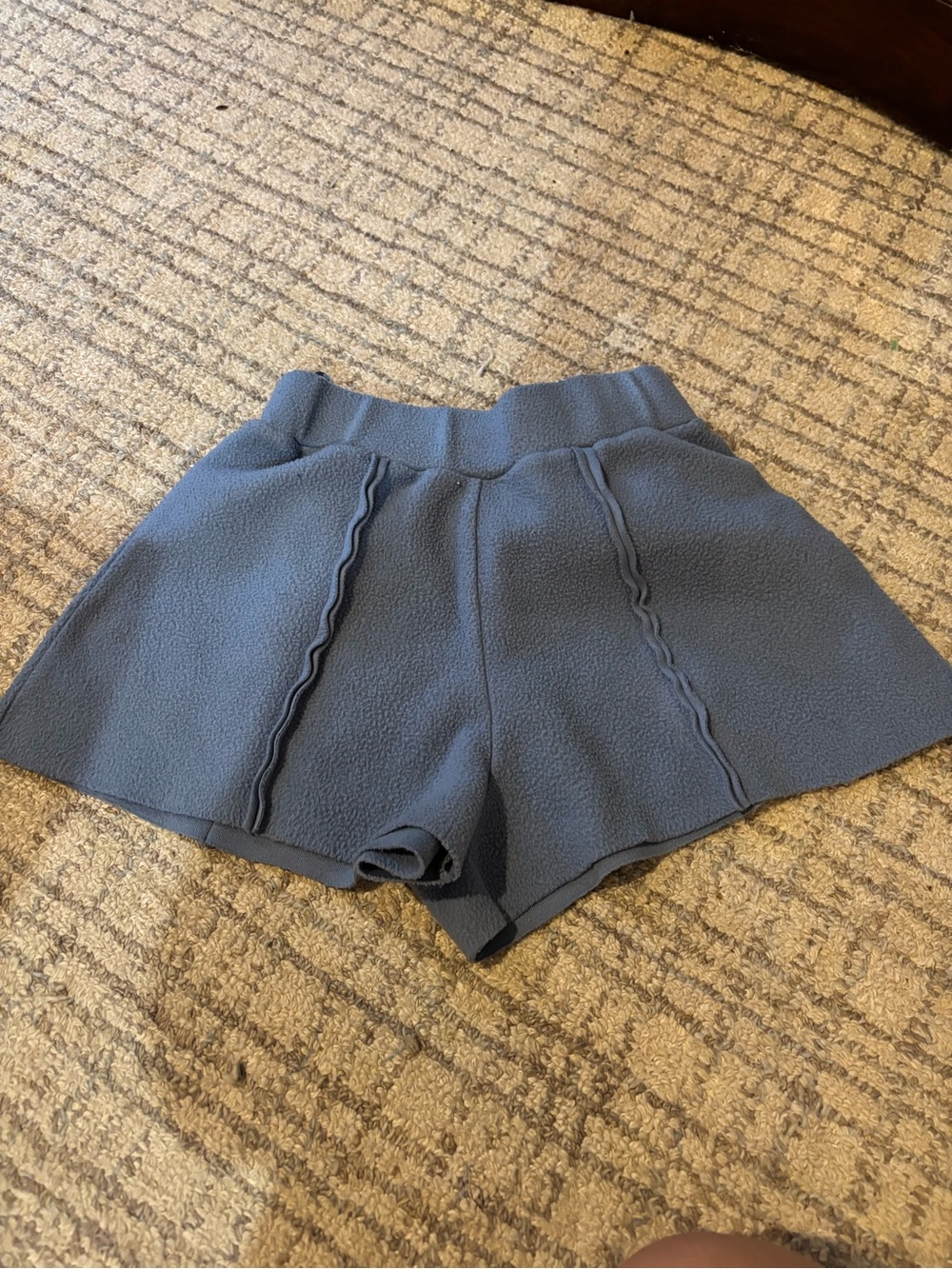 High-Rise Blue Textured Skort with Scalloped Seams